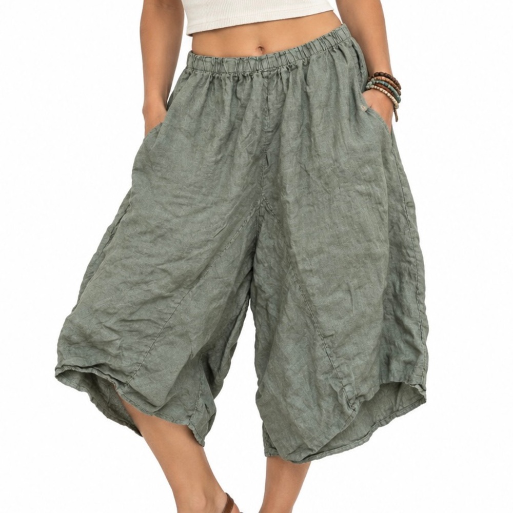 Meo Meli Green 100% Linen Harem Lagenlook Flowy Pants Medium/Large Women
